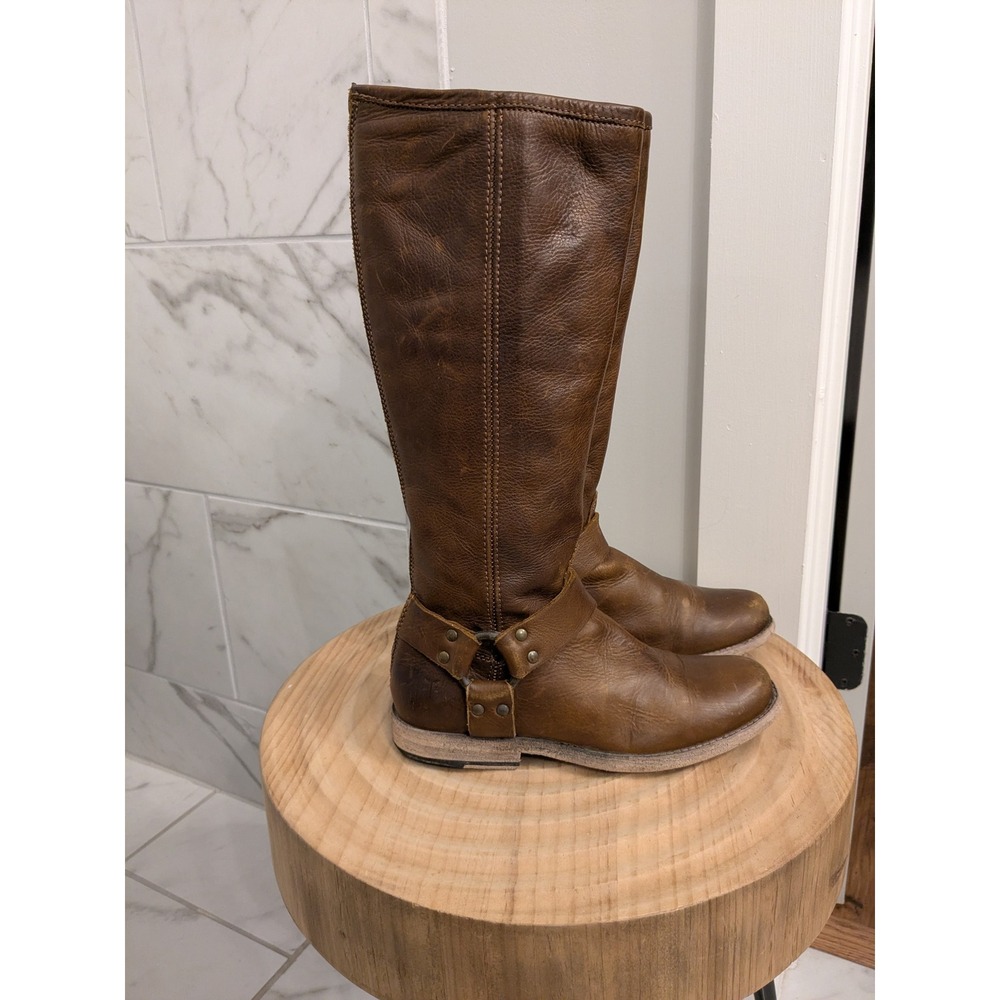 FRYE Women's Brown Leather Tall Harness Motorcycle Boots Side‎ Zip Size 5.5B